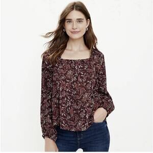 LOFT Square Neck Peplum Wine Burgandy Print Long Sleeve Top Large NWT